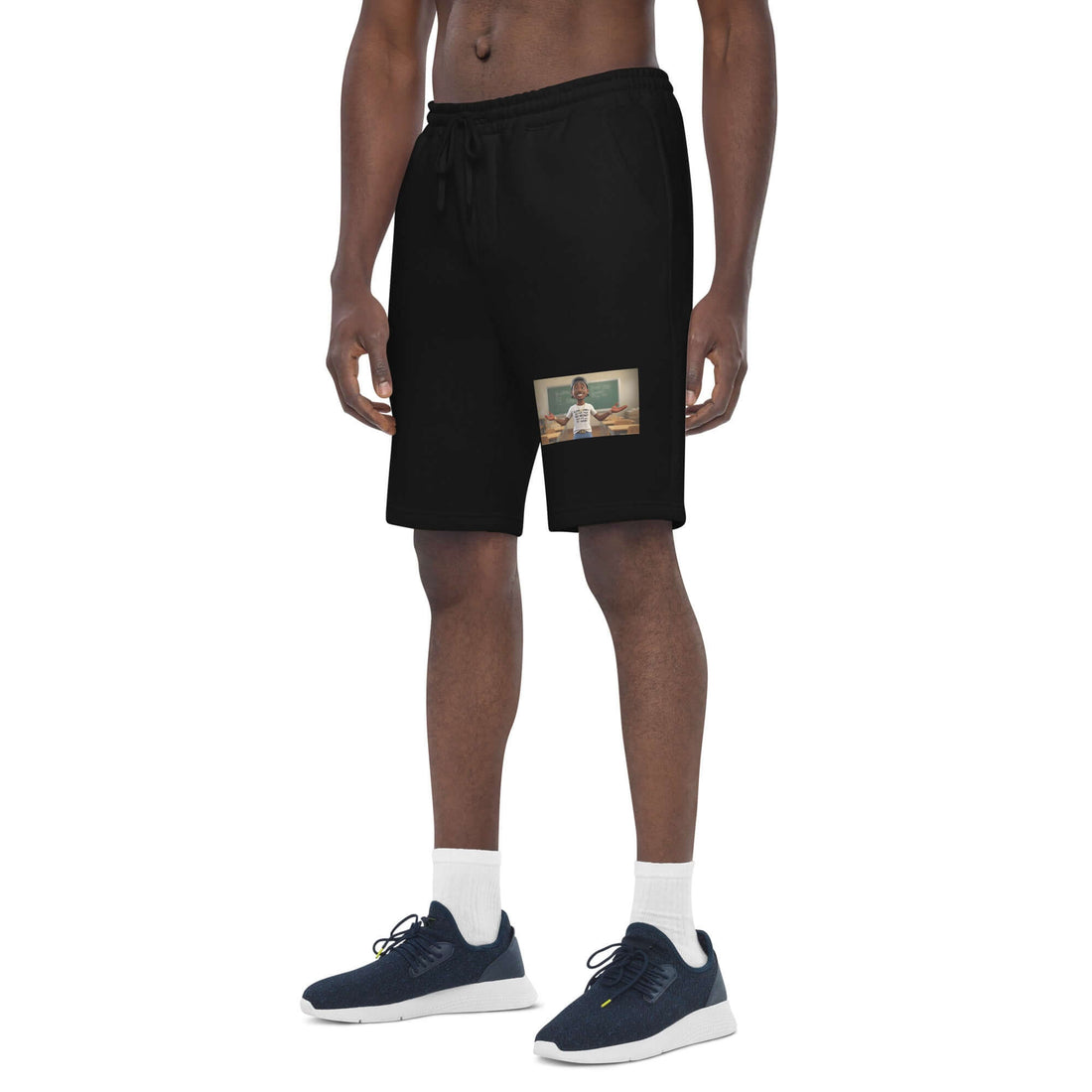 Men’s black fleece shorts, back view with drawstring waistband and patch pocket detail