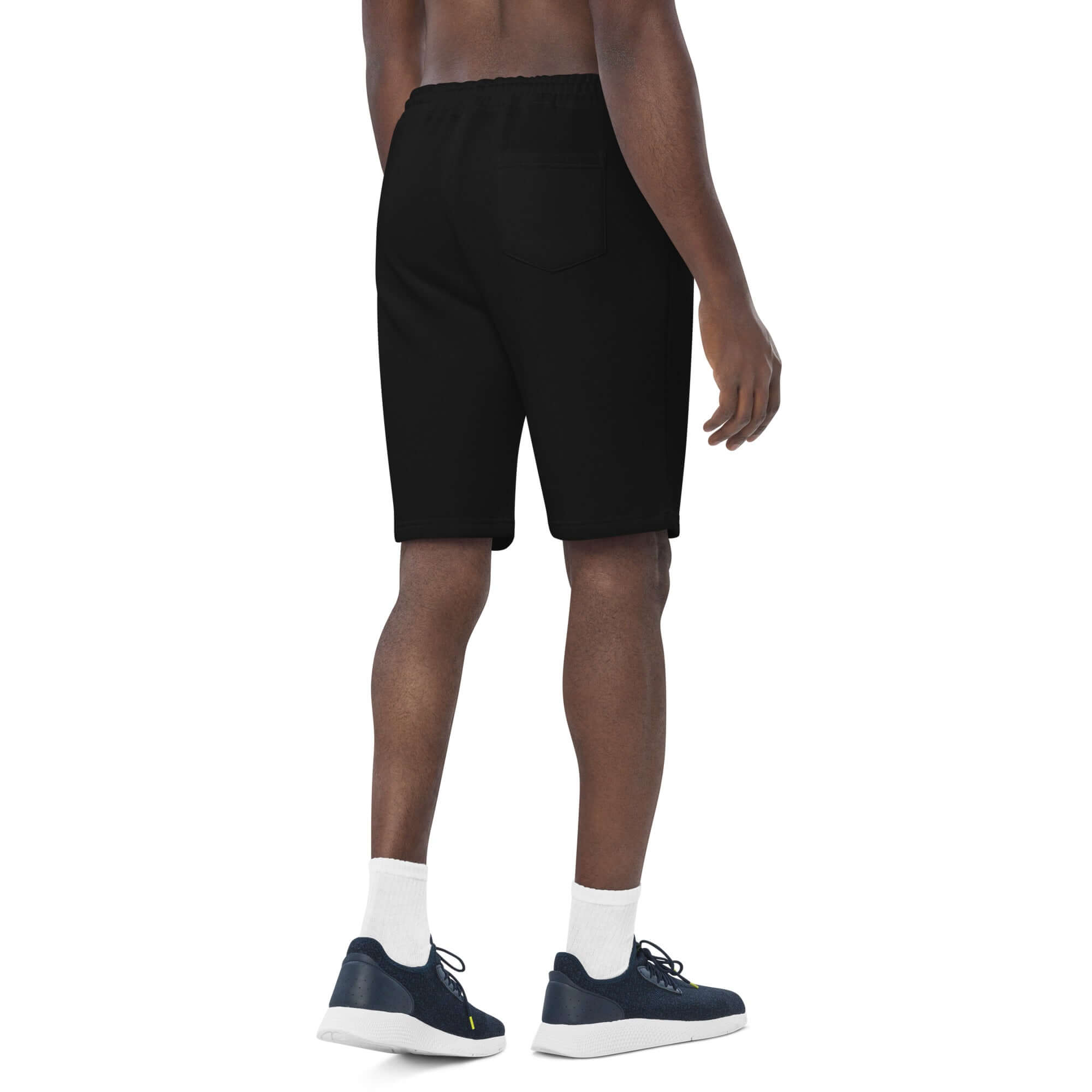 Men’s black fleece shorts, back view with single back patch pocket and drawstring waist