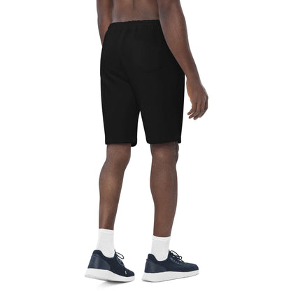Men’s black fleece shorts, back view with single back patch pocket and drawstring waist