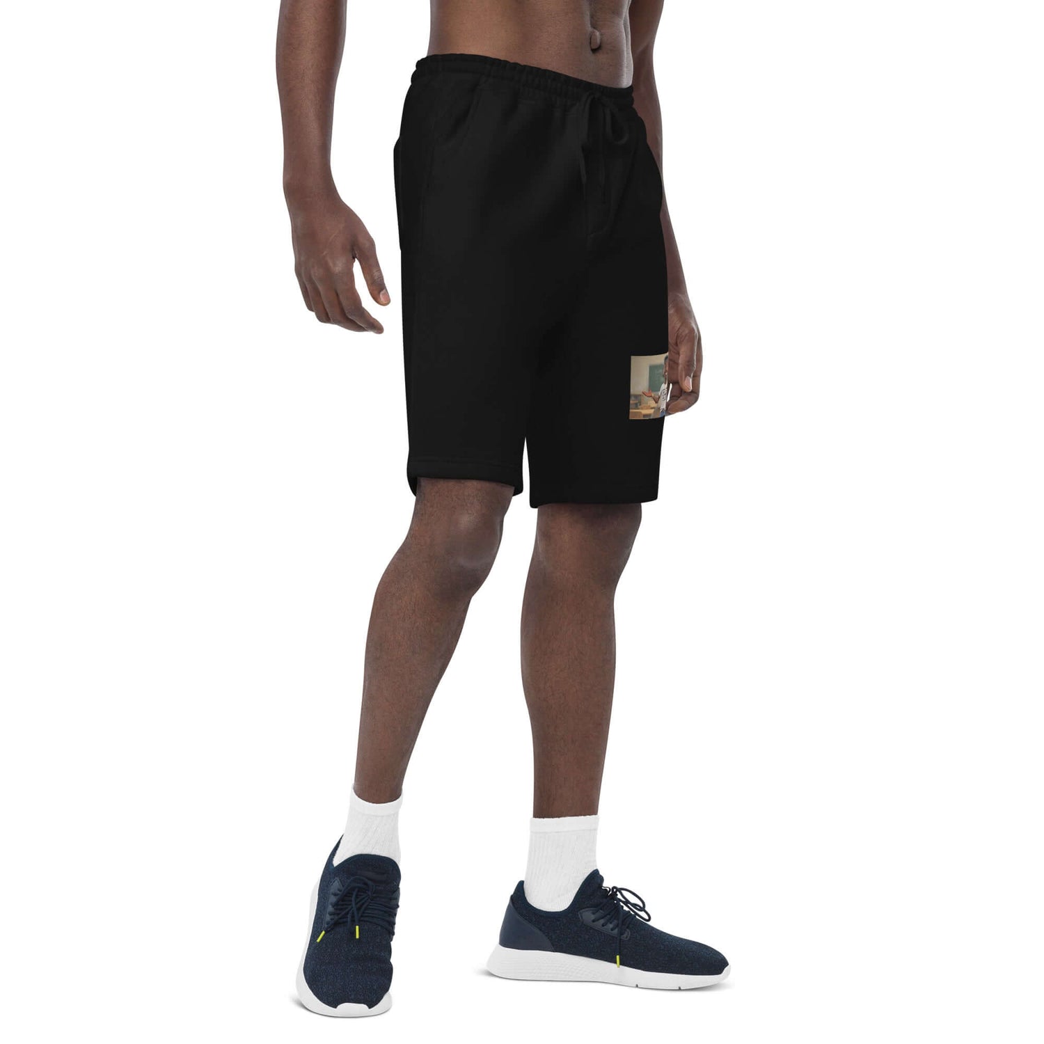 Men’s black fleece shorts, front view with drawstring waist and small side patch