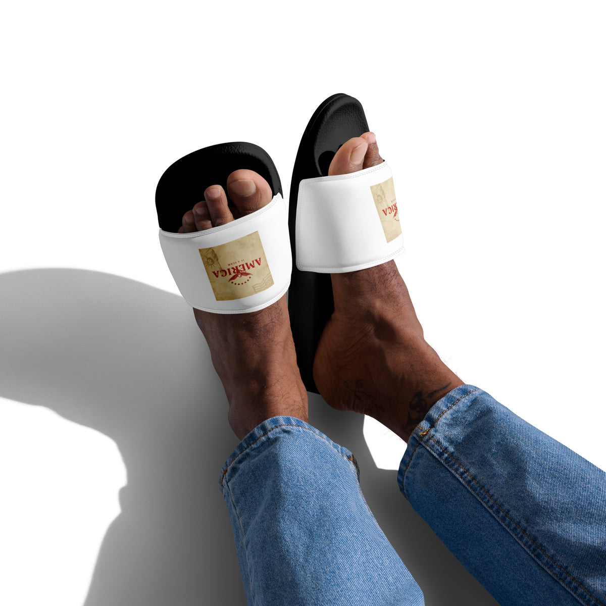 America Is A Scam Graphic Slides with cushioned strap