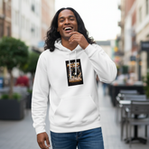 White unisex pullover hoodie with hood and front graphic print