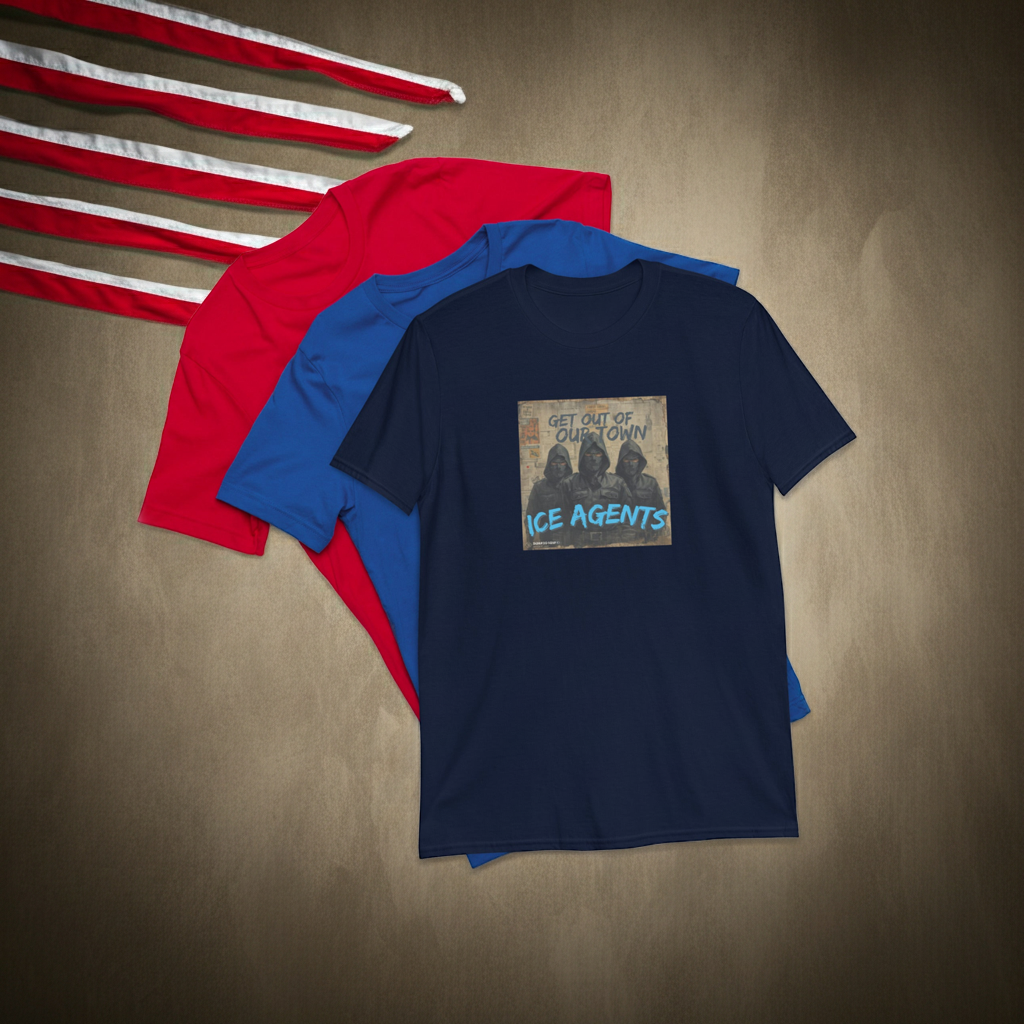 Navy unisex T-shirt, front graphic text “ICE AGENTS”