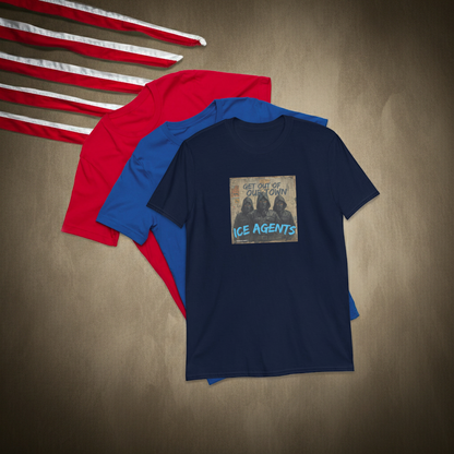 Navy unisex T-shirt, front graphic text “ICE AGENTS”