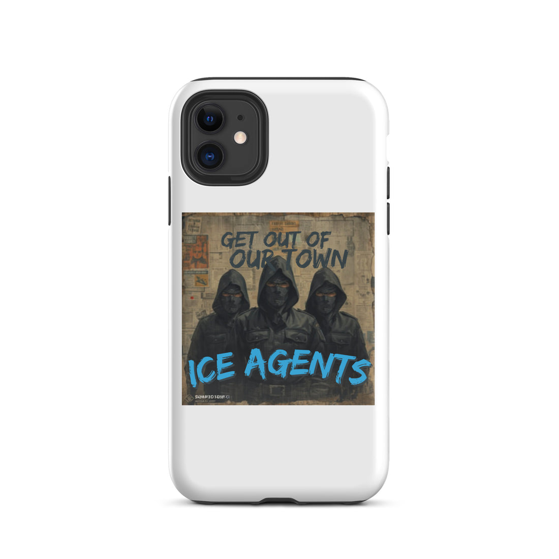 Funda blanca para iPhone con gráfico de tres figuras encapuchadas y texto “ICE AGENTS”