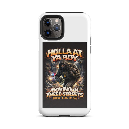 White tough iPhone case back, masked figure street graphic with bold headline