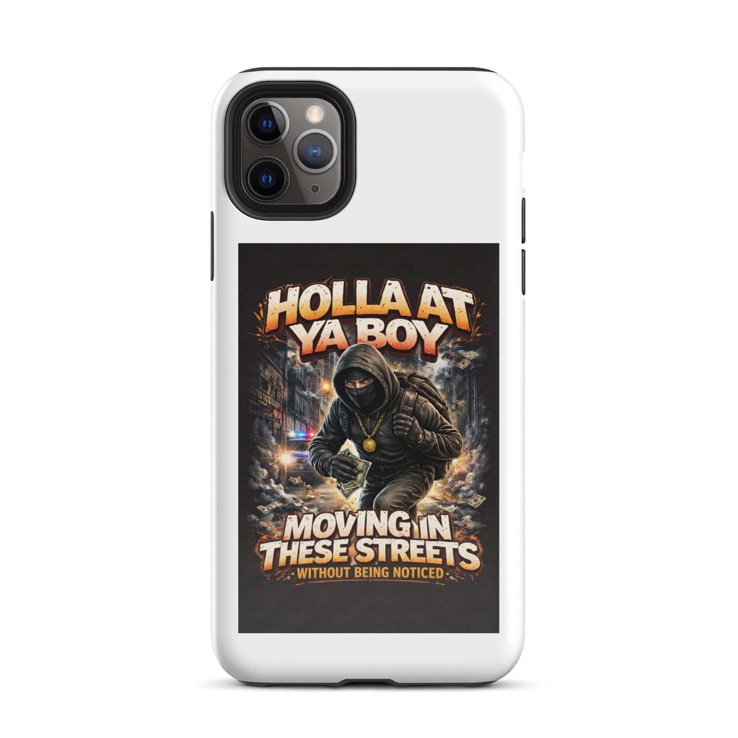 Tough phone case for iPhone in white with hooded character graphic and text