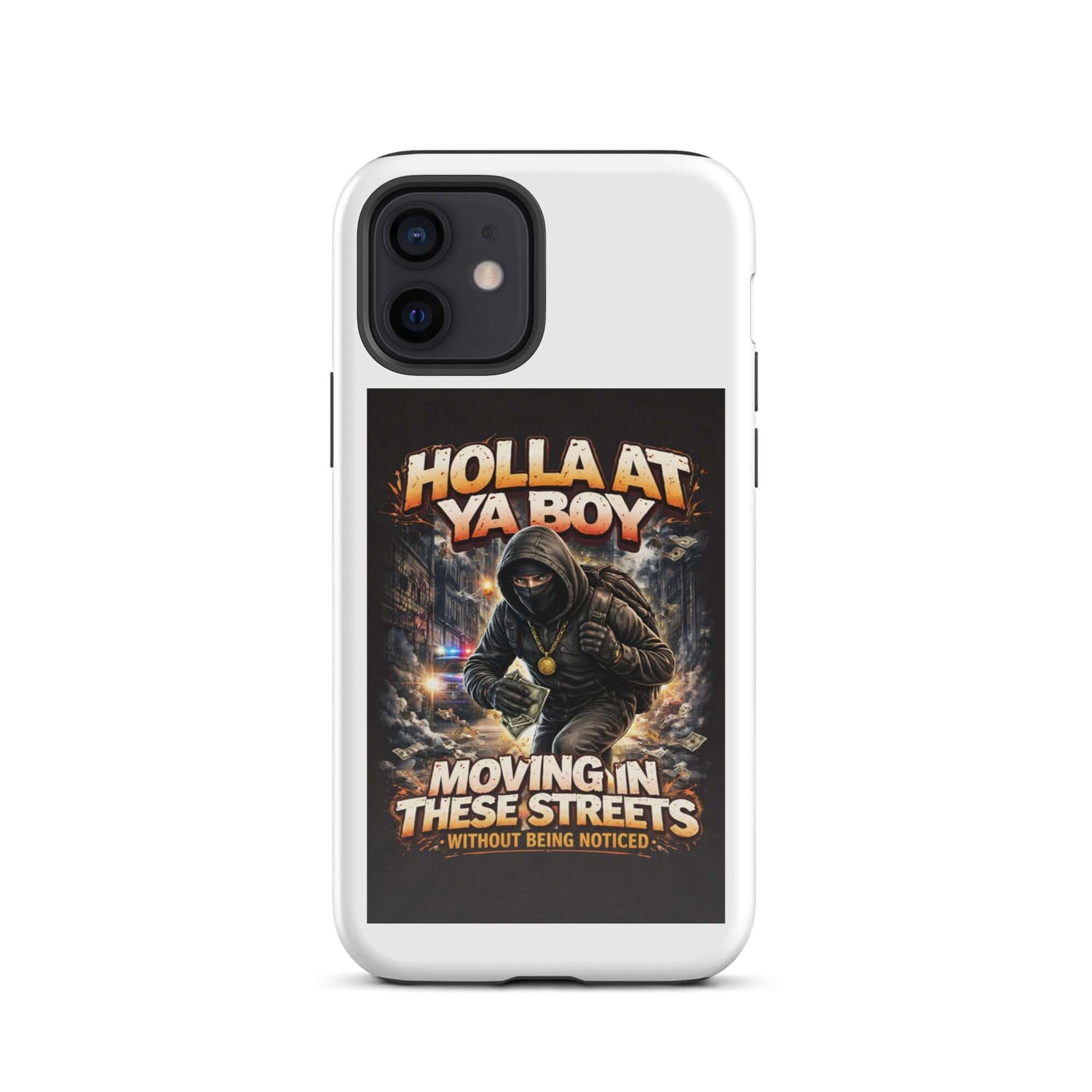 Tough iPhone case in white featuring hooded runner graphic and street-themed typography