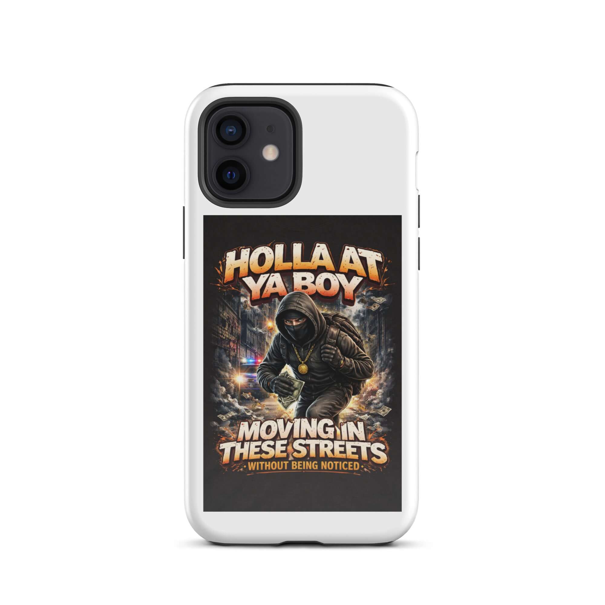 Tough iPhone case in white featuring hooded runner graphic and street-themed typography