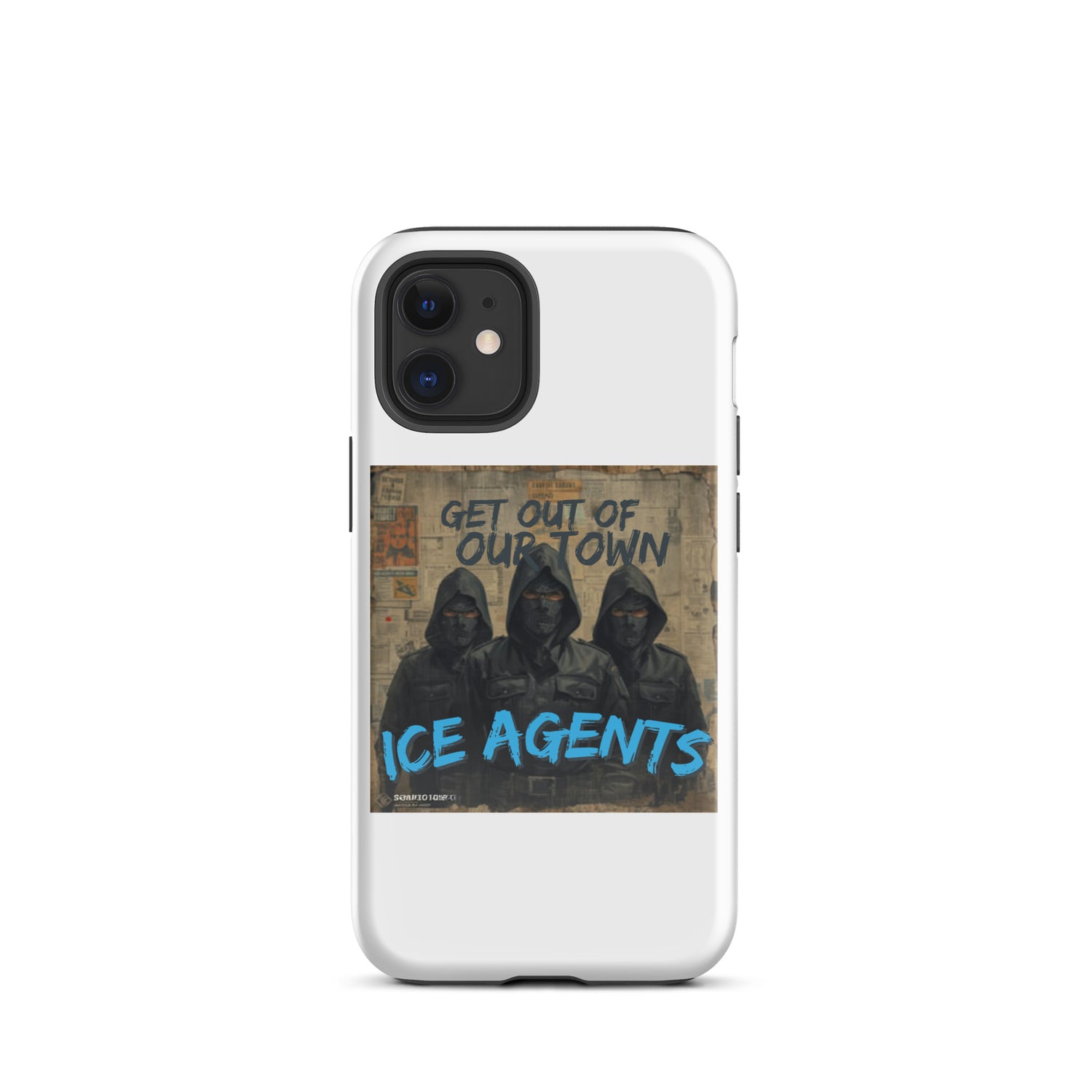 Funda blanca para iPhone con gráfico central y letras azules “ICE AGENTS”