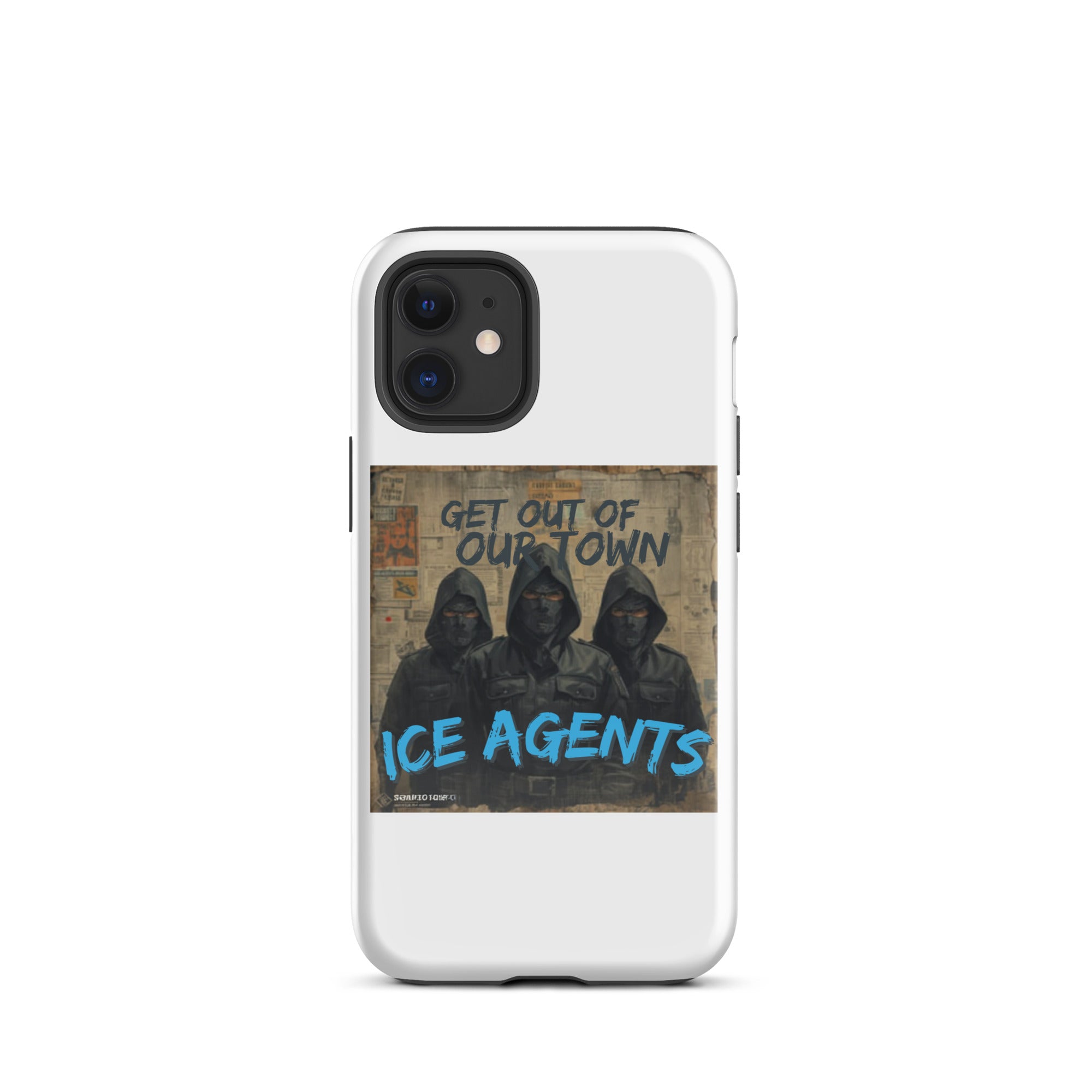 Funda blanca para iPhone con gráfico central y letras azules “ICE AGENTS”