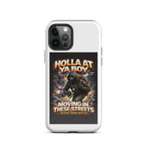 White tough iPhone case with hooded street artwork and multiple camera cutouts