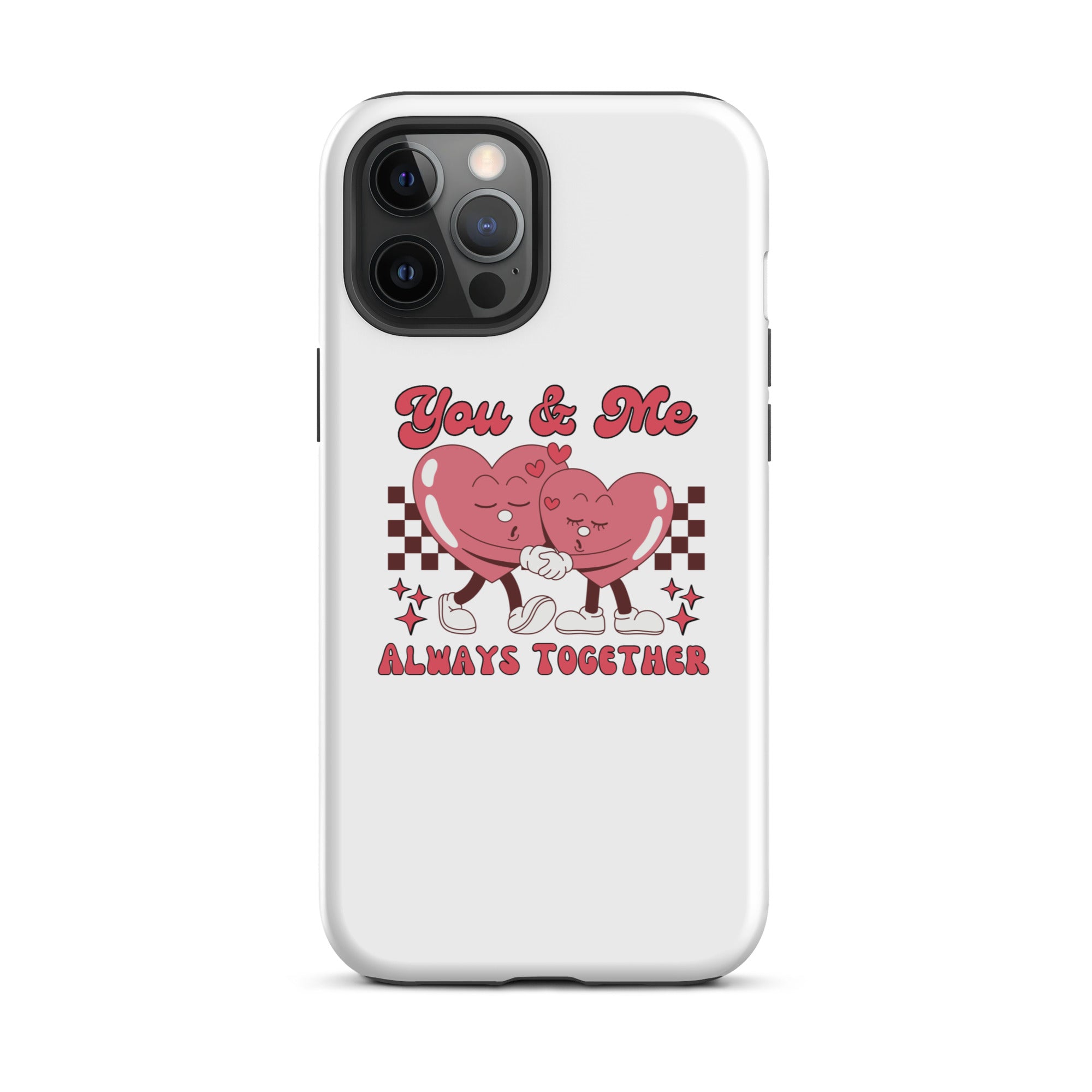 Tough iPhone case showing red “You &amp; Me” heart couple and star accents