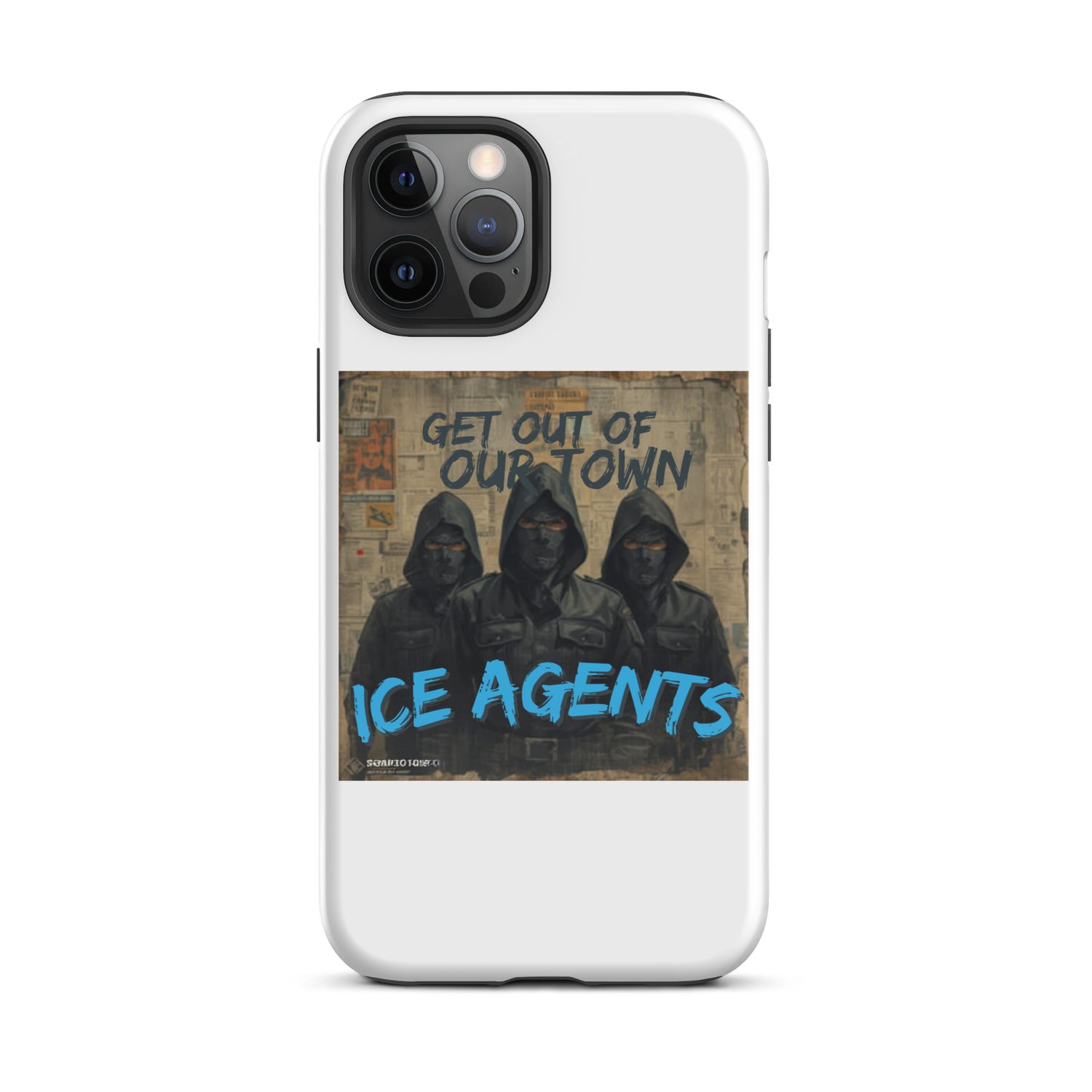 Funda blanca para iPhone con diseño visible de tres figuras y texto “ICE AGENTS”