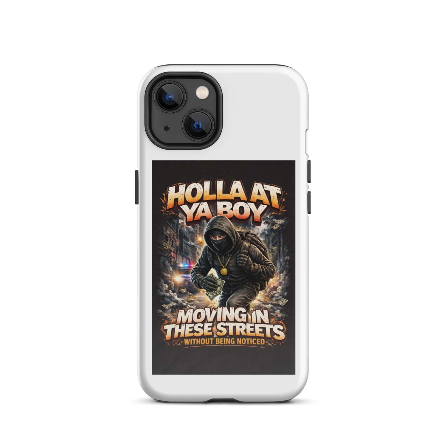 Tough case for iPhone in white: back shows hooded character and &