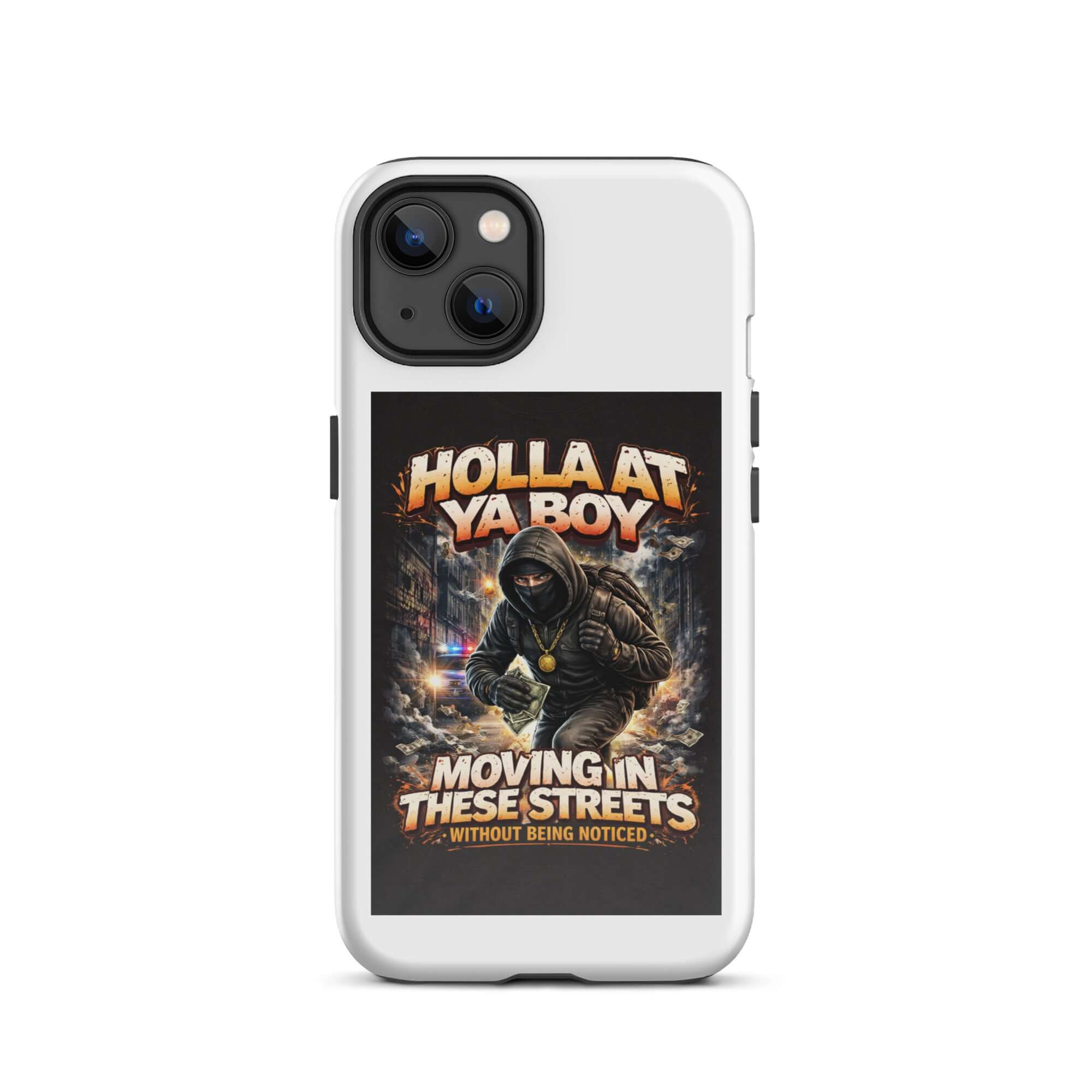 Tough case for iPhone in white: back shows hooded character and &