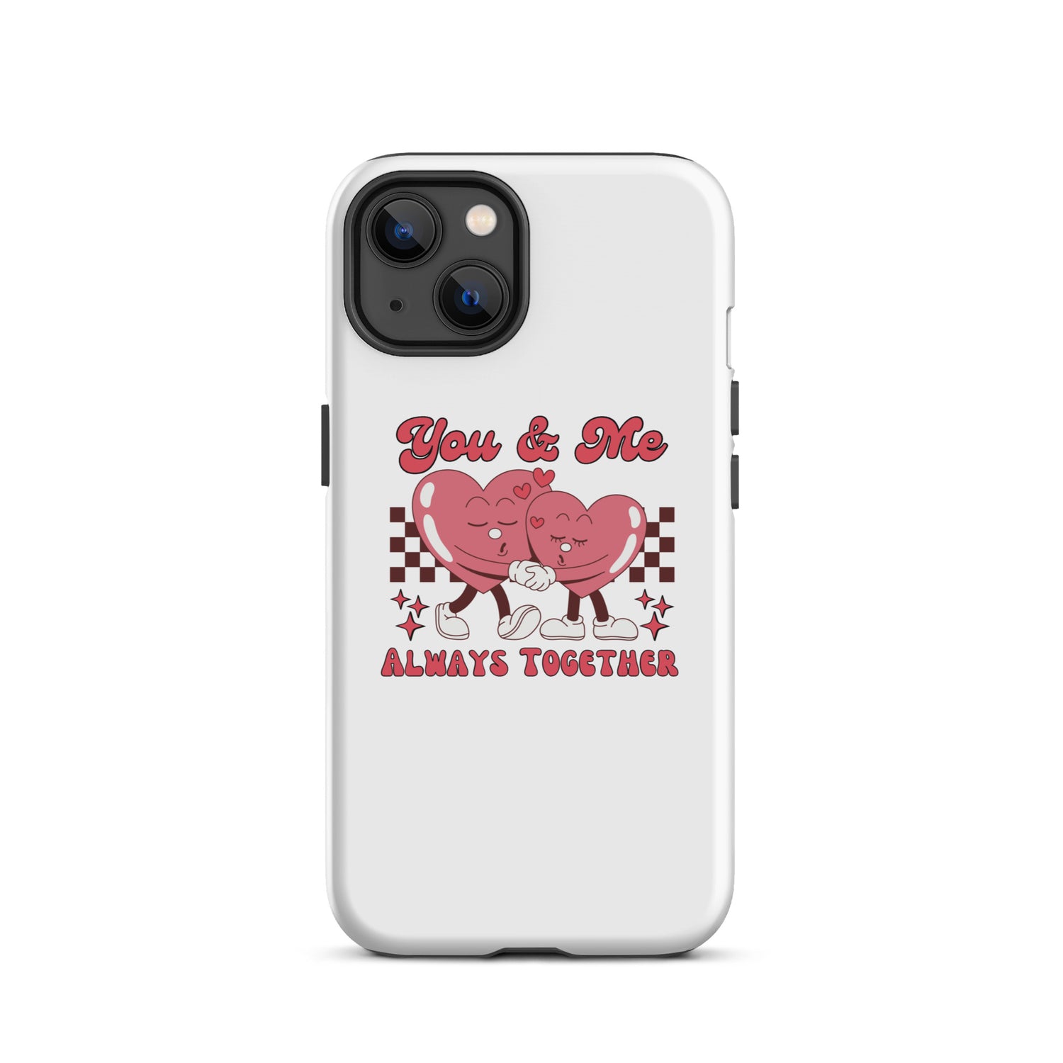 Tough iPhone case with “You &amp; Me” heart couple holding hands on light background