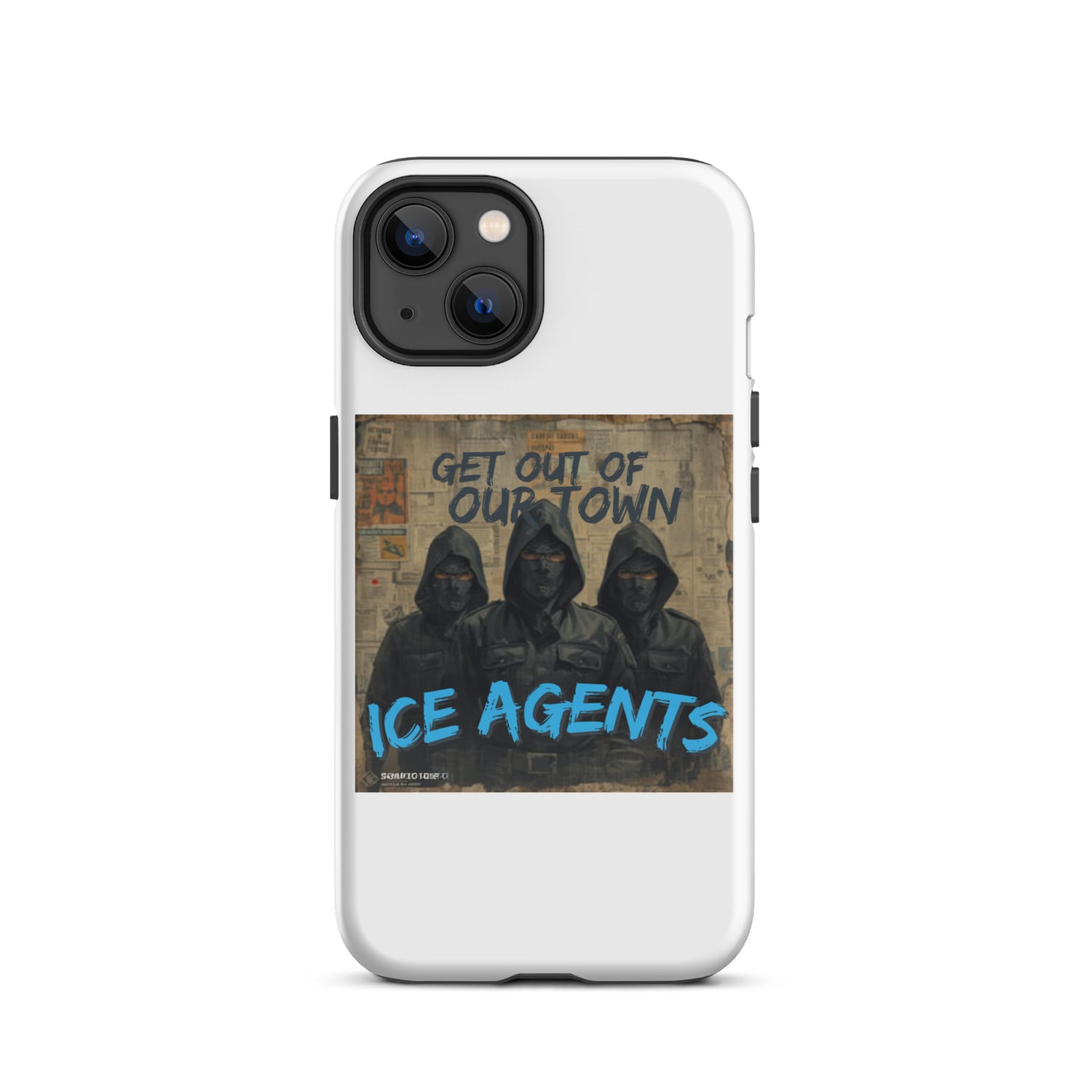 Funda blanca para iPhone con gráfico de tres encapuchados y letras azules “ICE AGENTS”