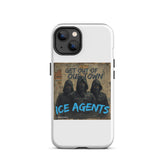 Funda blanca para iPhone con gráfico de tres encapuchados y letras azules “ICE AGENTS”