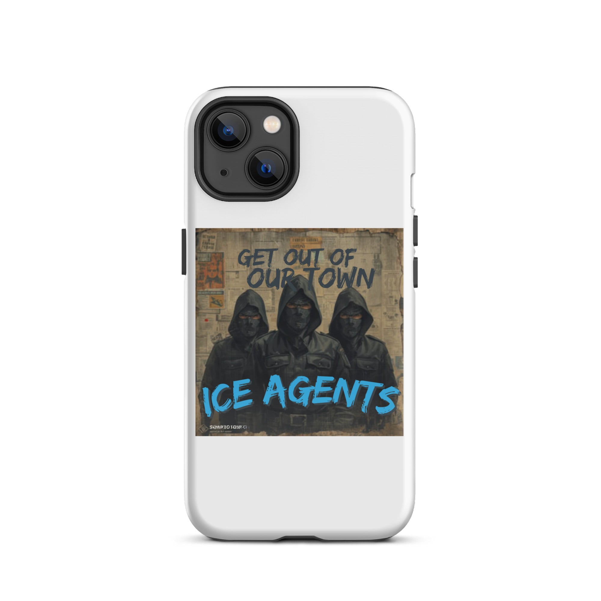Funda blanca para iPhone con gráfico de tres encapuchados y letras azules “ICE AGENTS”