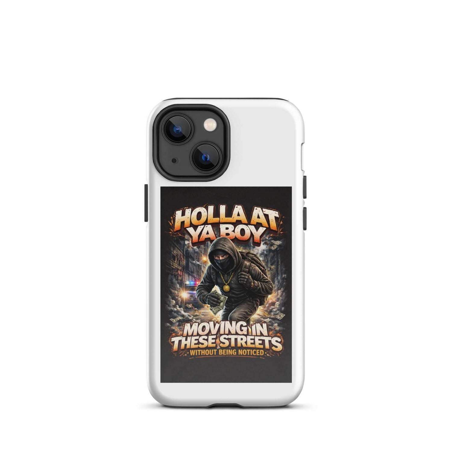 White Tough iPhone case with large centered graphic and camera openings on top