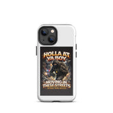 White tough iPhone case with hooded street graphic and large camera module cutouts