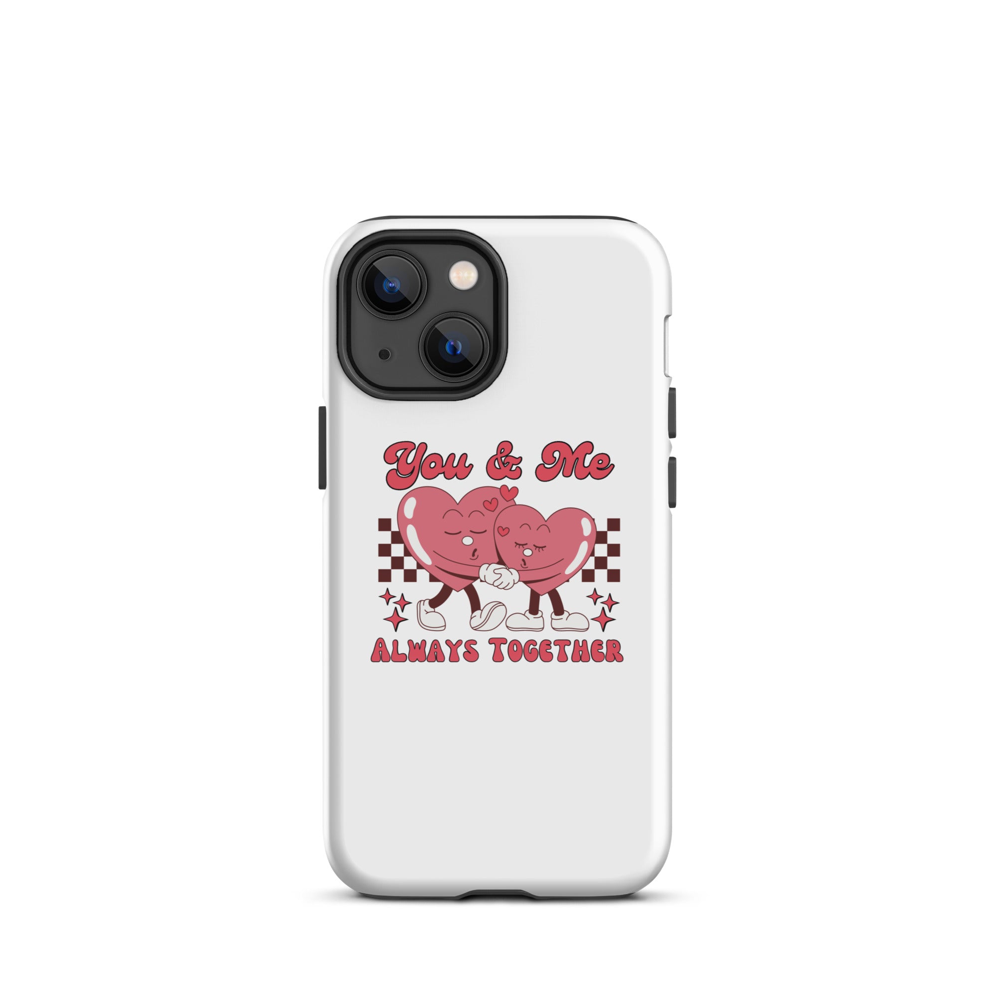 White phone case with heart couple graphic and “Always Together” slogan
