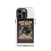 White tough iPhone case with hooded street graphic and four-lens camera cutouts