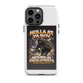 White tough iPhone case with hooded street artwork and top camera module cutouts