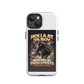 White tough iPhone case, front view, hooded street graphic with camera cutouts