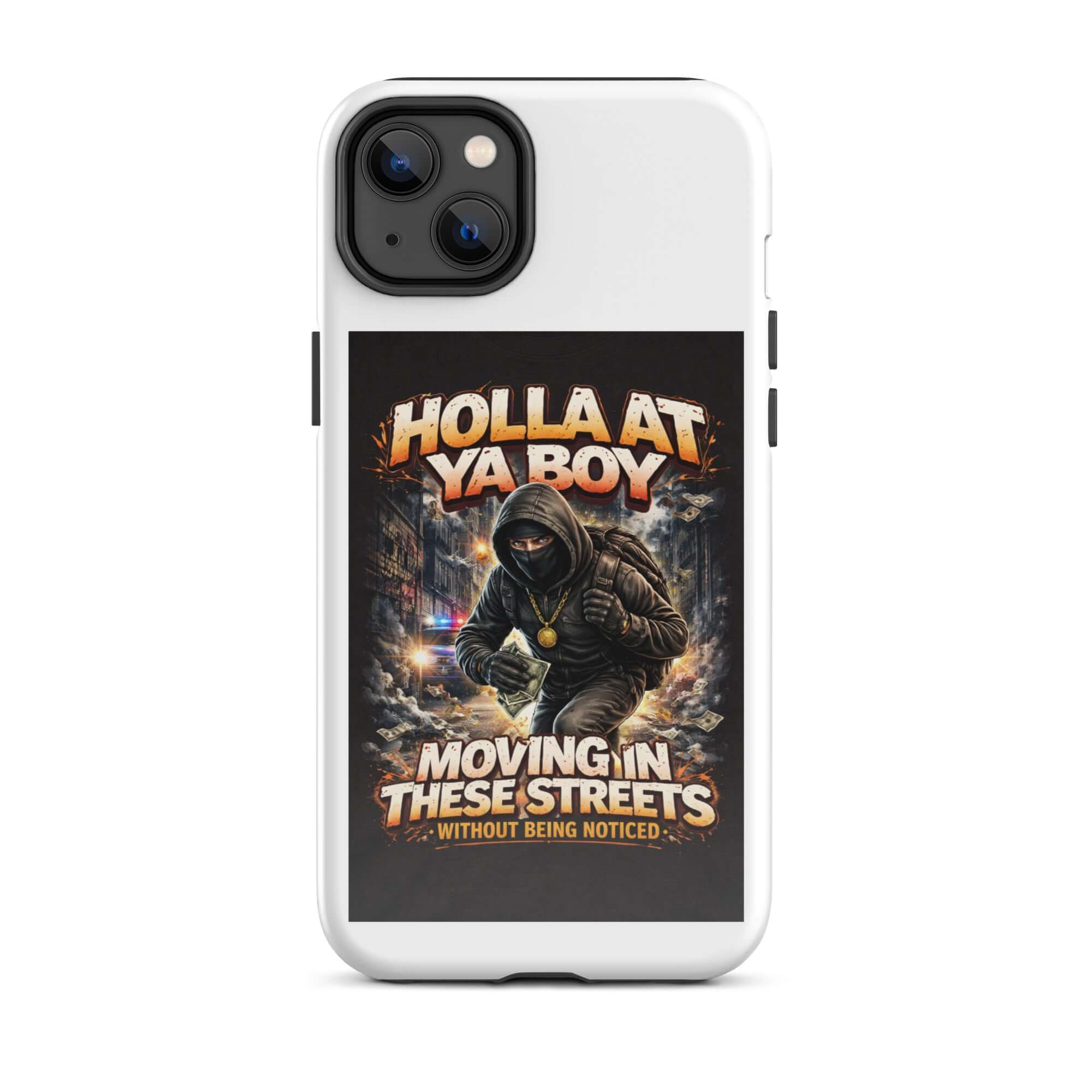 Tough iPhone case with white shell and large “Hollaat Ya Boy” hooded street design