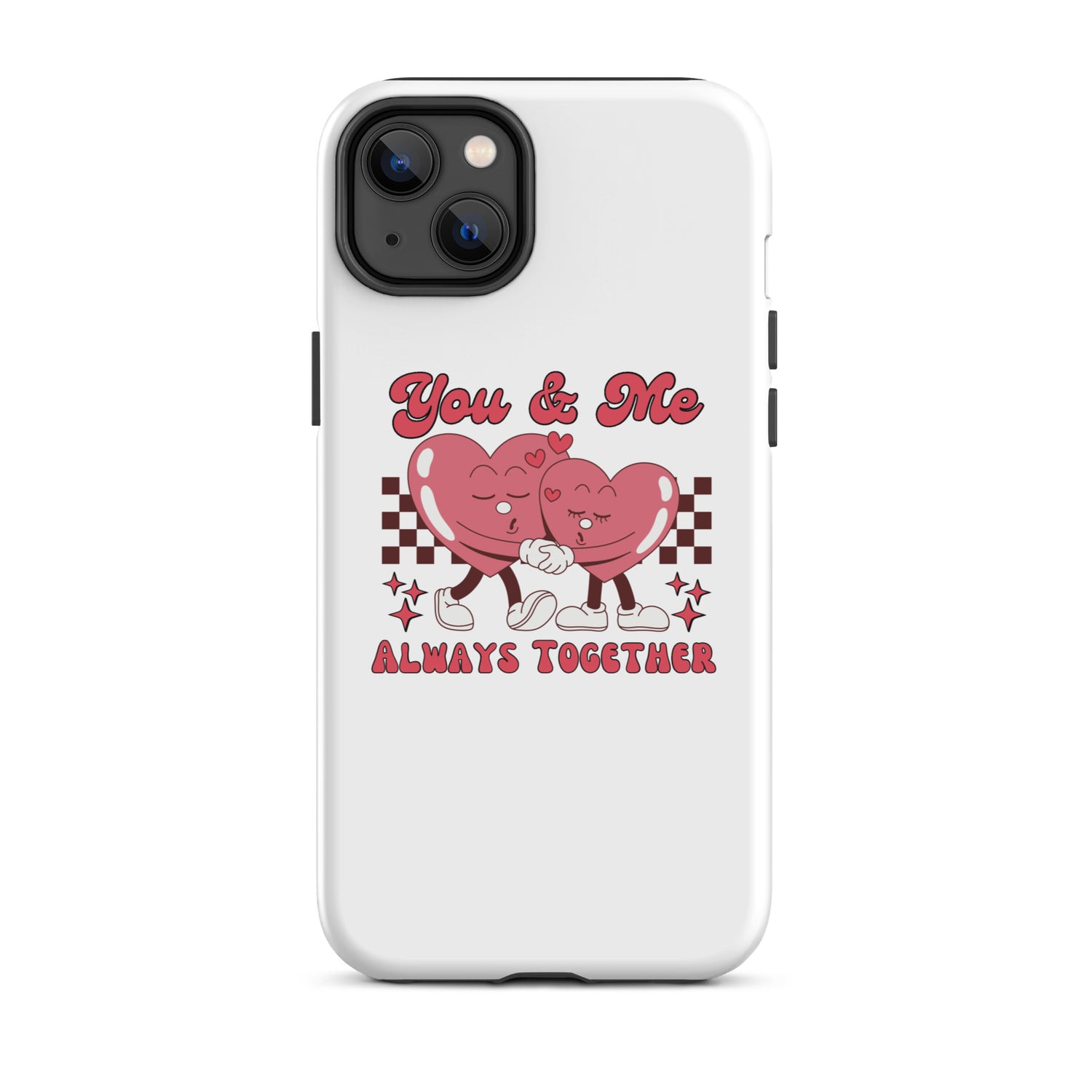 White tough iPhone case with 3-camera cutout and pink “You &amp; Me” heart couple design