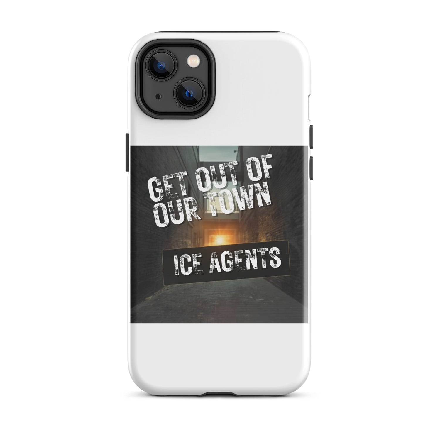 White iPhone case back with triple camera cutouts and slogan graphic including “ICE AGENTS”.