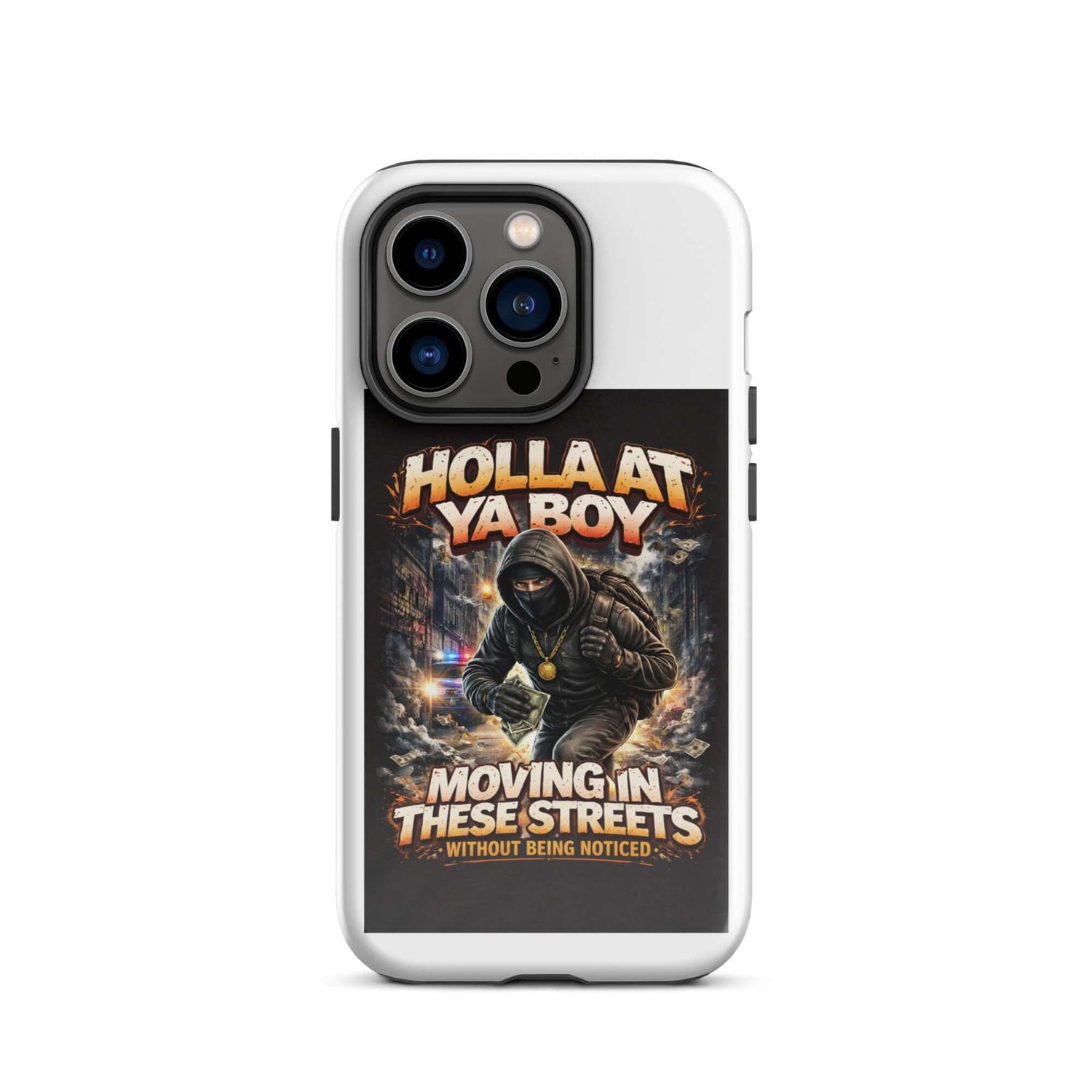 Move In Silence iPhone case, white back with three-lens camera cutouts and “Moving in These Streets”