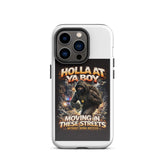 White phone tough case with triple-lens camera cutout and ninja graphic poster centered