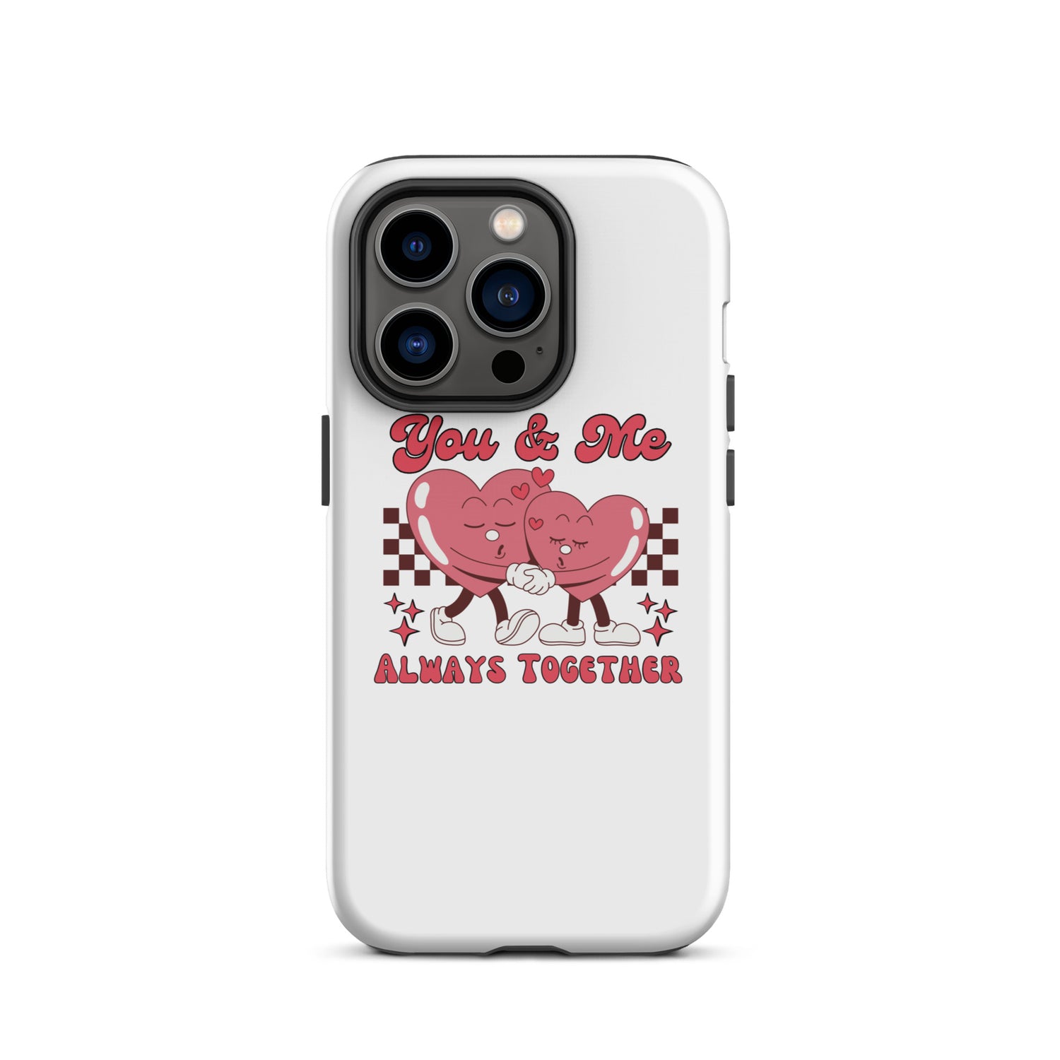 White iPhone tough case with pink heart graphic and “ALWAYS TOGETHER” text, front view