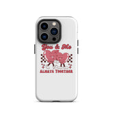White phone case with red heart character design, “You & Me” text, and camera openings