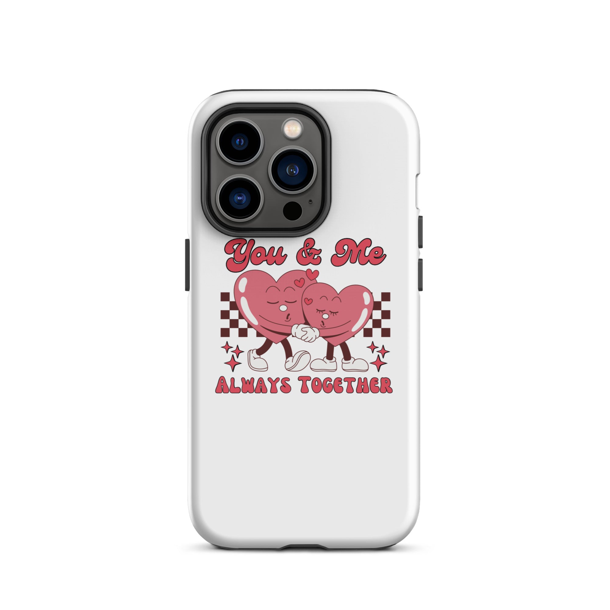 White iPhone tough case with pink heart graphic and “ALWAYS TOGETHER” text, front view