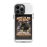 White phone tough case with triple-lens camera cutout and ninja poster on front