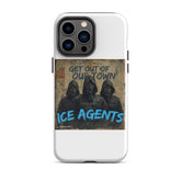 White iPhone case featuring “ICE AGENTS” text across a band with three hooded figures
