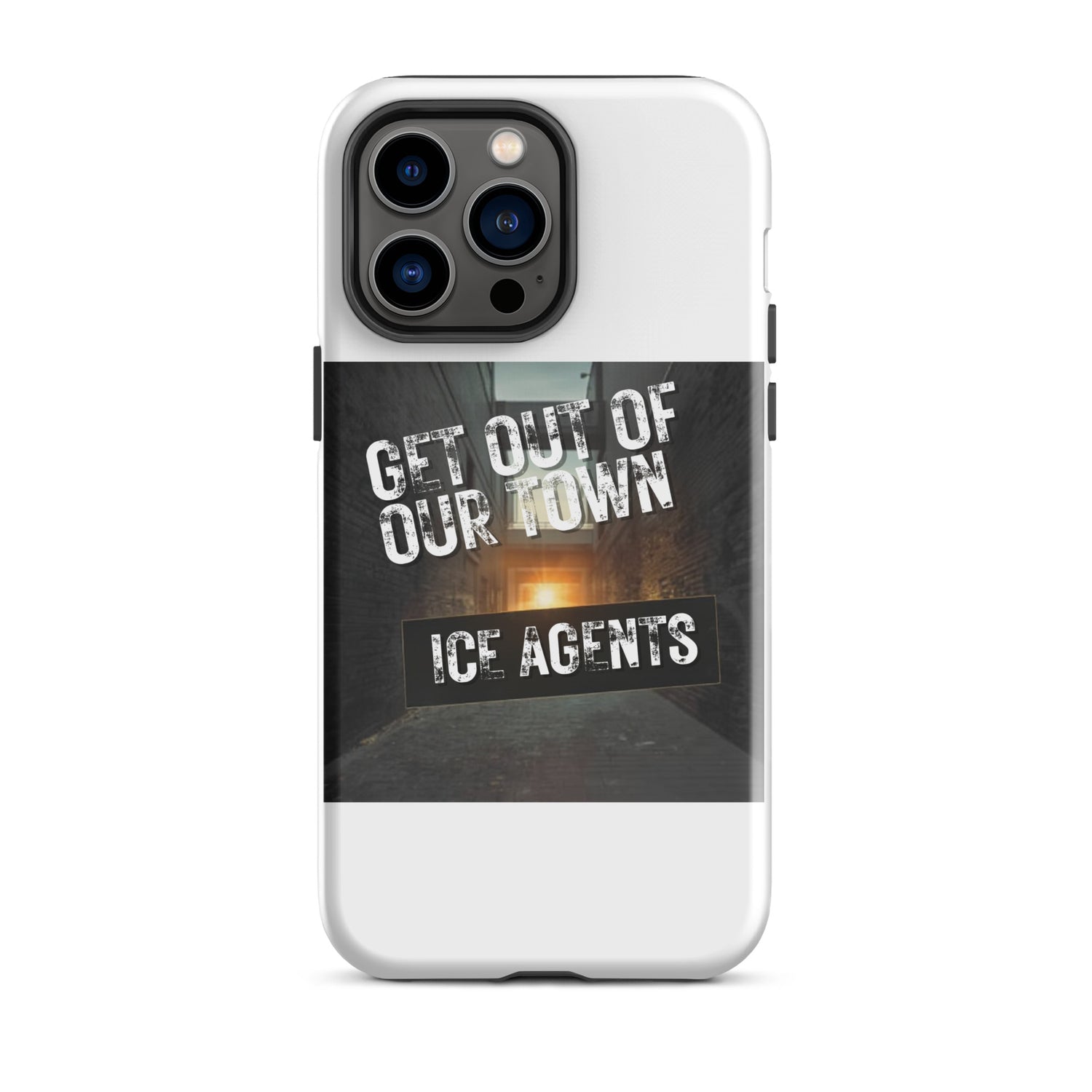 White iPhone case with camera lenses and graphic text “ICE AGENTS” in the center.