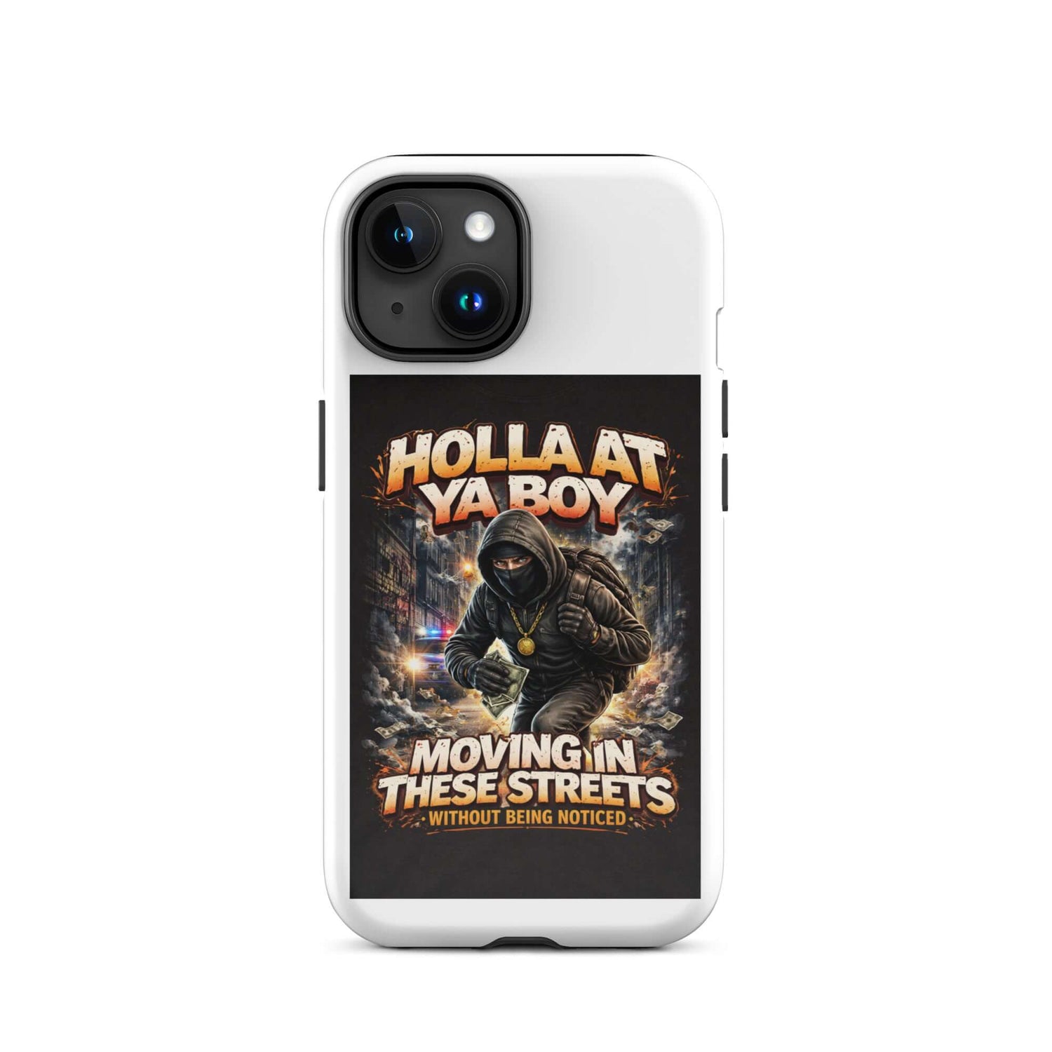 White iPhone tough case showing “Moving in These Streets” text and hooded figure graphic