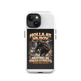 White phone tough case with dual-lens camera cutout, ninja poster on front