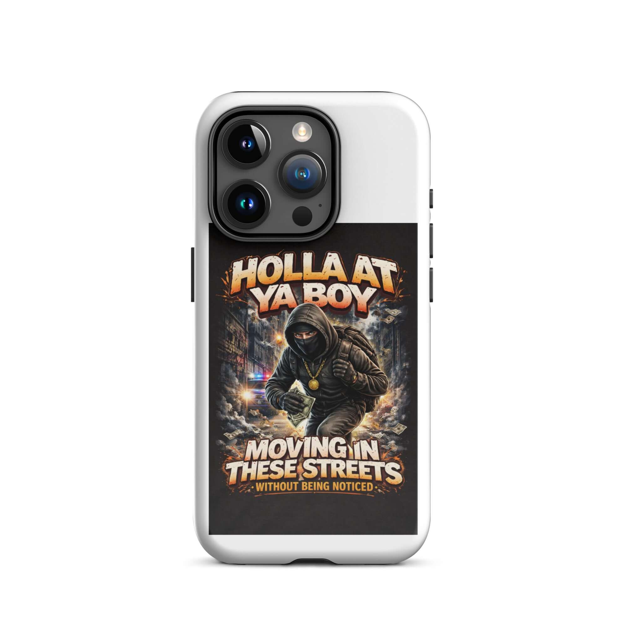 White iPhone case with “Moving in These Streets” design and raised edge around camera
