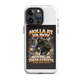 White phone tough case with triple-lens camera cutout and ninja graphic with title text