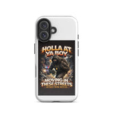 White phone tough case with dual-lens camera cutout and ninja poster on front