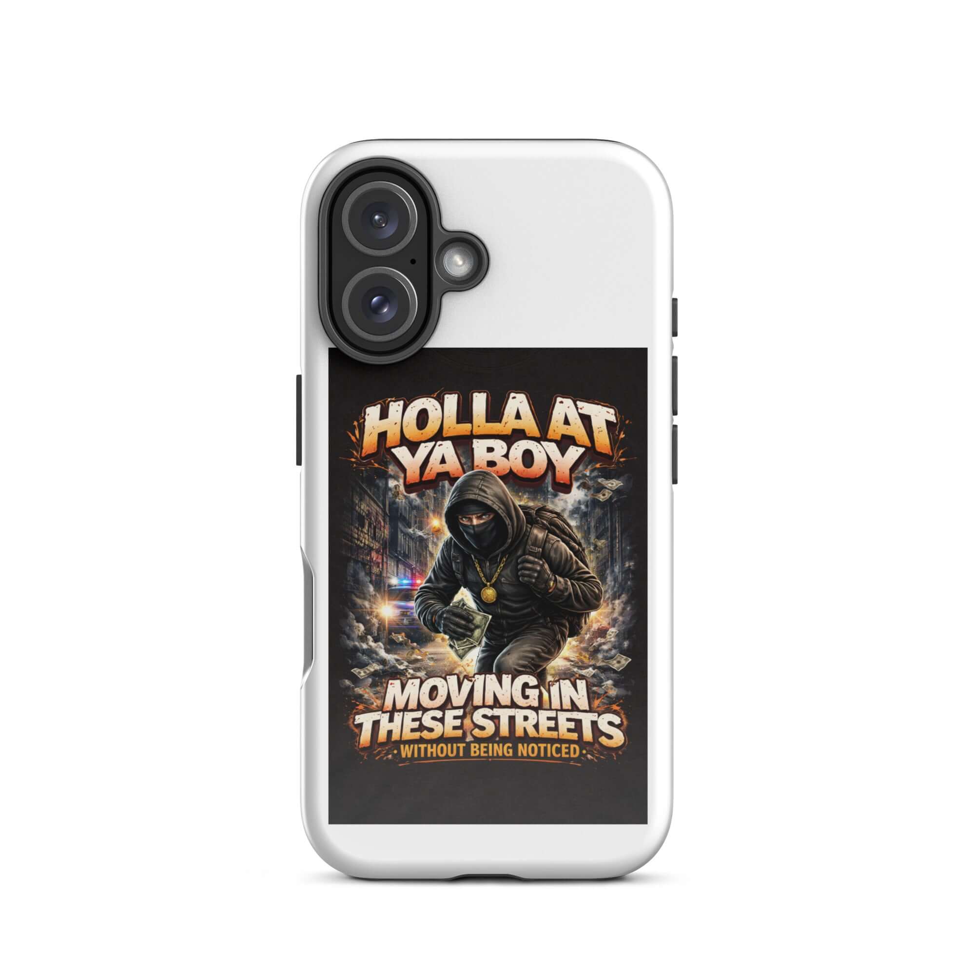 Tough iPhone case with white back, dual camera cutouts, and “Moving in These Streets” graphic