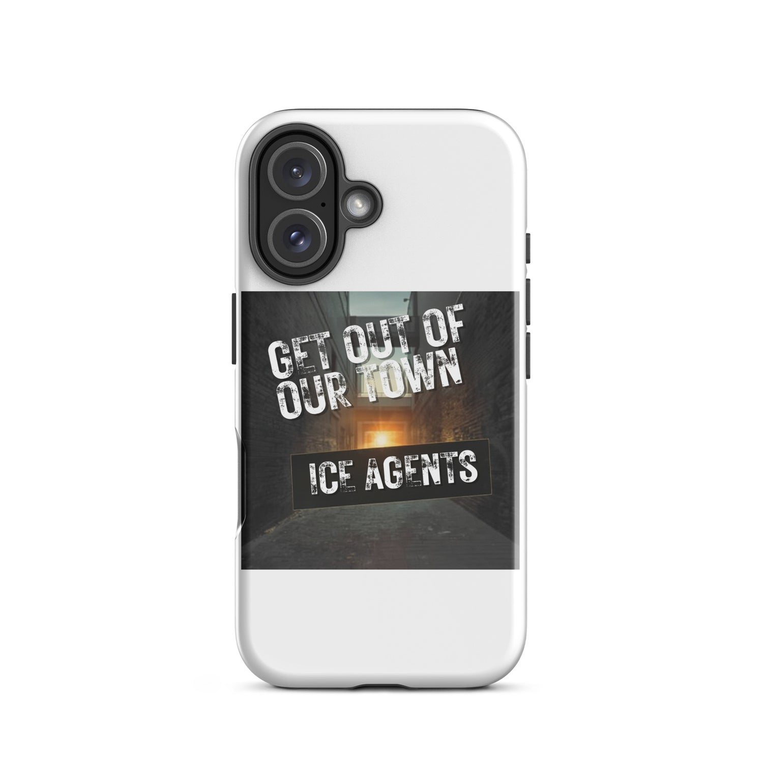 White iPhone case with partial camera view and “ICE AGENTS” text on black graphic strip.