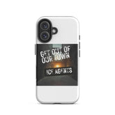 White iPhone case with partial camera view and “ICE AGENTS” text on black graphic strip.