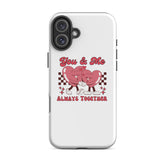 White iPhone tough case with pink heart couple graphic, &